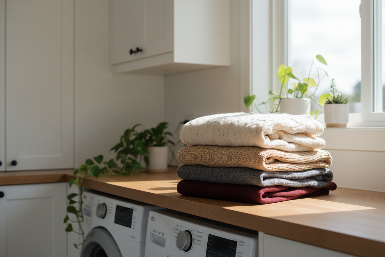 Show a stack of warm sweaters folded nicely in stack with a nice back ground maybe in a laundry room 
